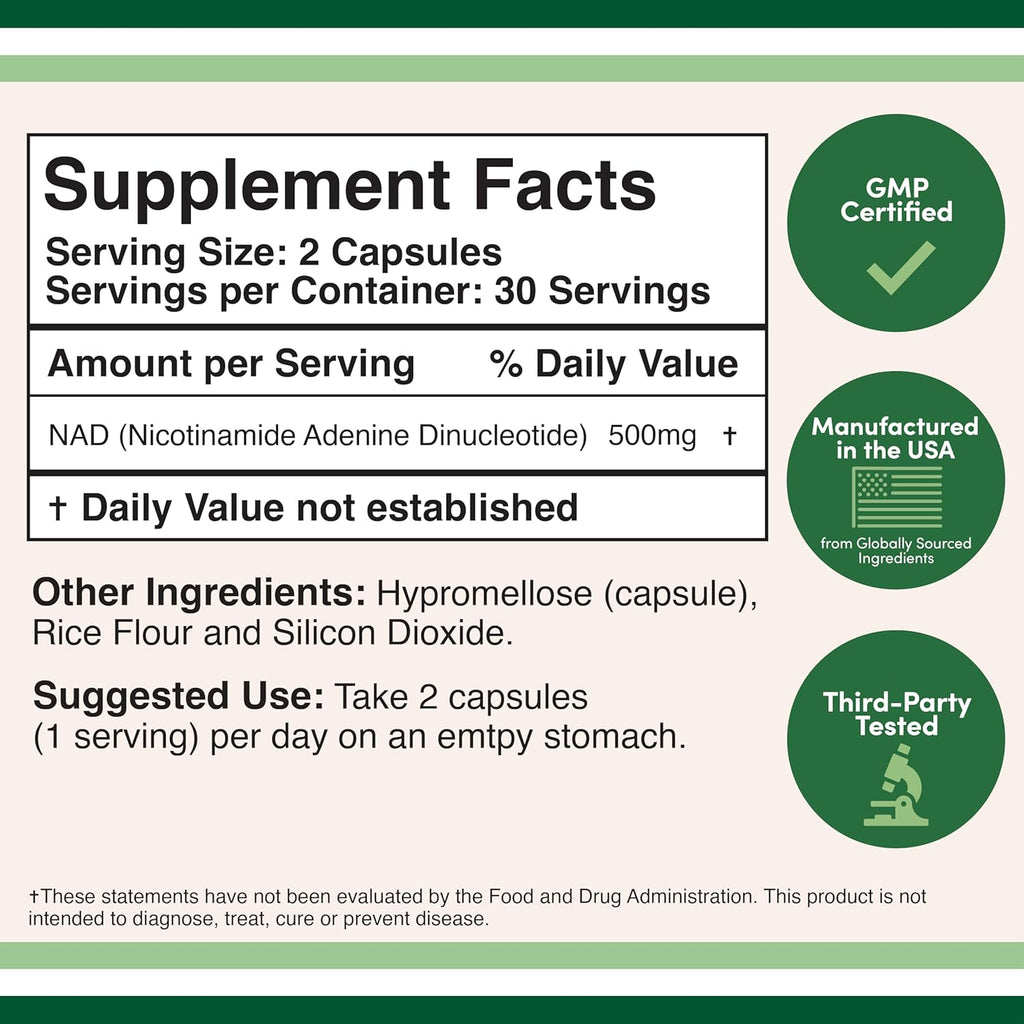 NAD+ Supplement, 500Mg 95% Pure, Vegan Non-Gmo, 30 Day Supply by Double Wood