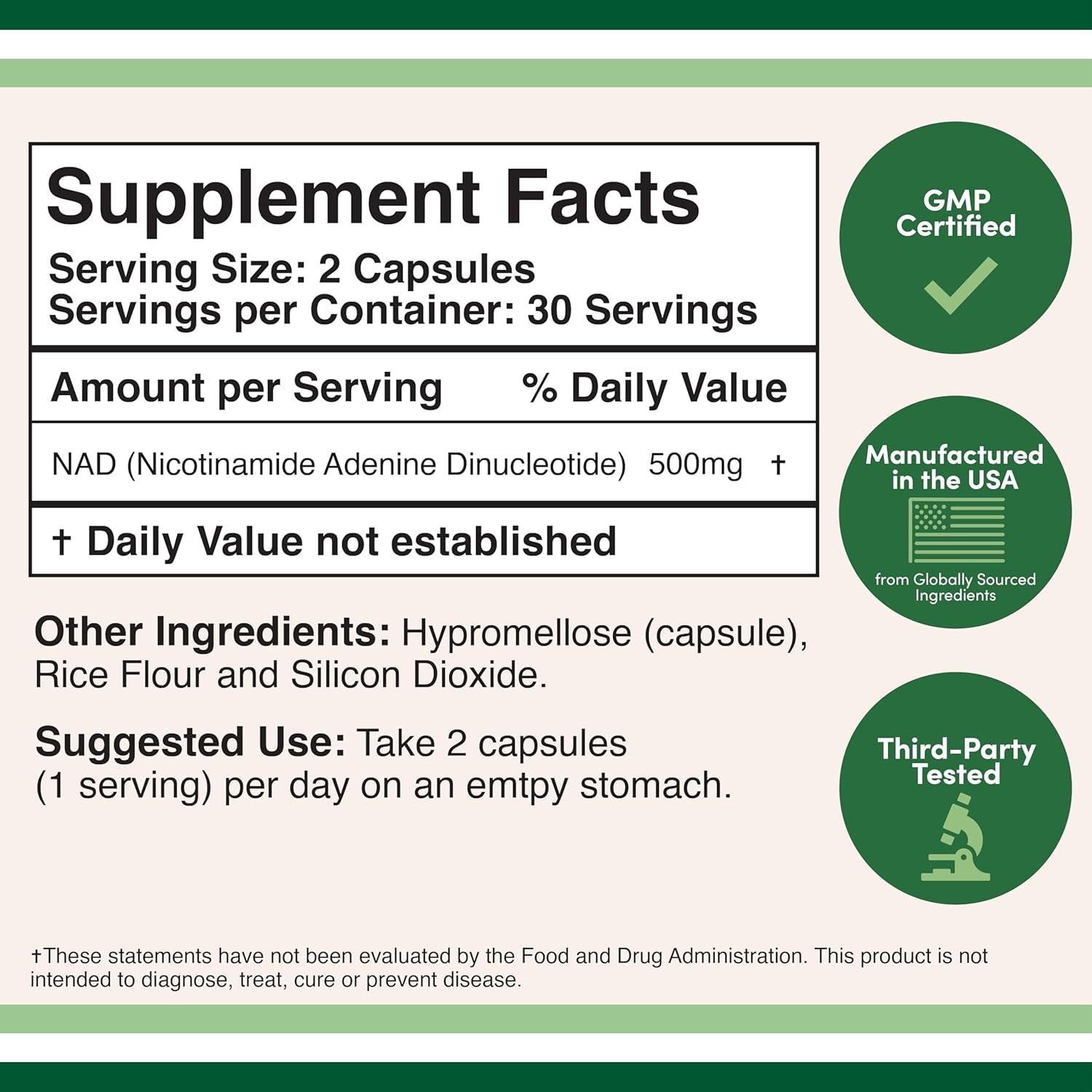 NAD+ Supplement, 500Mg 95% Pure, Vegan Non-Gmo, 30 Day Supply by Double Wood
