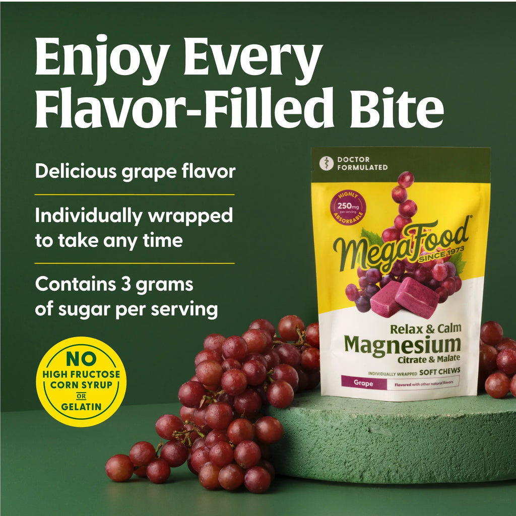 Relax + Calm Magnesium Soft Chews - Citrate & Malate - Grape Flavor - 15 Servings