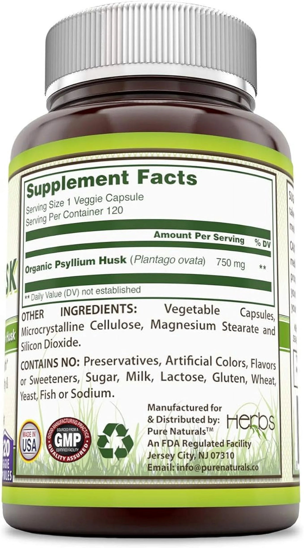 Natural Psyllium Husk 750Mg 120 Veggie Capsules Supplement | Non-Gmo | Gluten Free | Made in USA | Suitable for Vegetarians