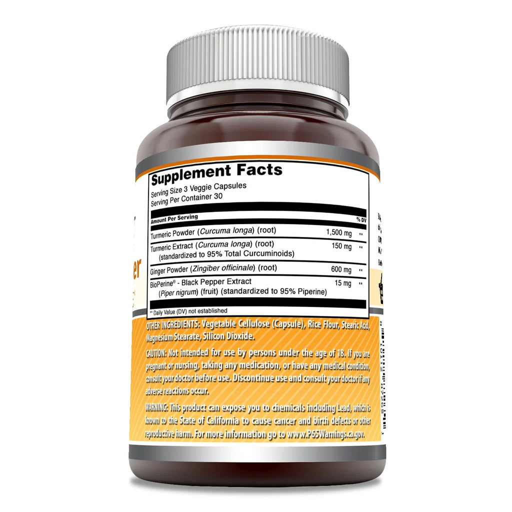 Turmeric & Ginger with Bioperine, 750 Mg, 180 Veggie Capsules