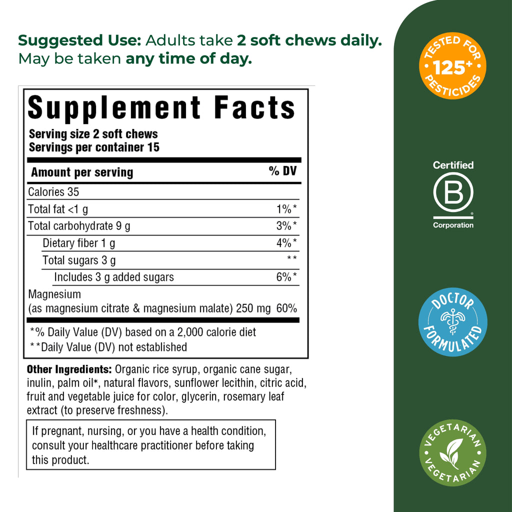 Relax + Calm Magnesium Soft Chews - Citrate & Malate - Grape Flavor - 15 Servings