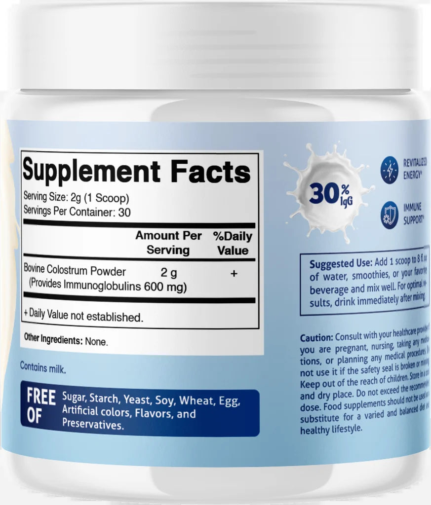 Bovine Colostrum 30% Igg Powder - Supplement for Gut Health, Hair Growth, Beauty, Muscle Recovery, & Immune Support - Easy to Mix - 60 Gram - 30 Servings (Unflavored)
