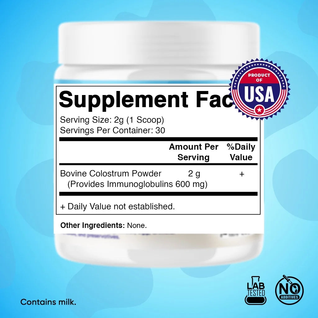 Bovine Colostrum 30% Igg Powder - Supplement for Gut Health, Hair Growth, Beauty, Muscle Recovery, & Immune Support - Easy to Mix - 60 Gram - 30 Servings (Unflavored)