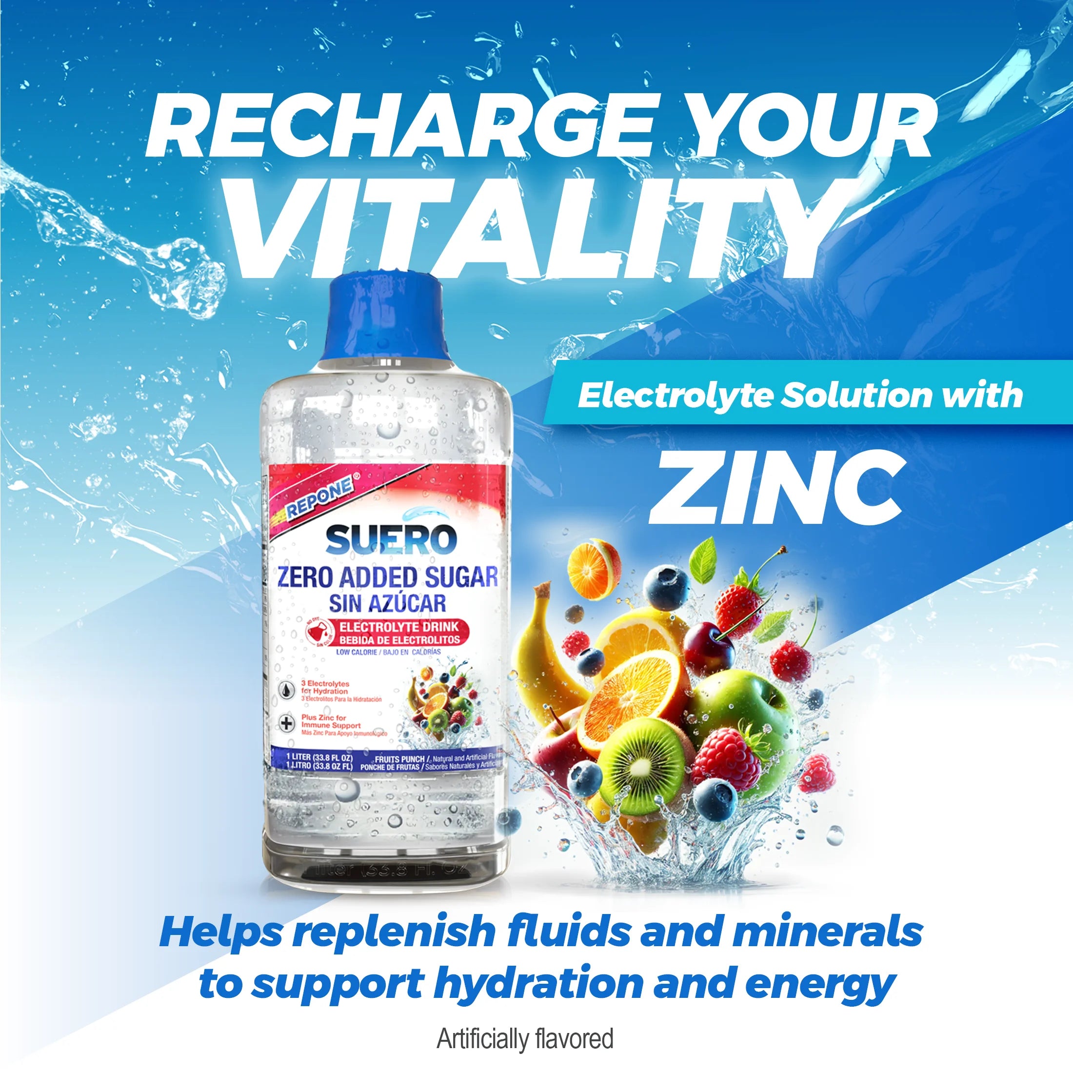 Suero  Sugar Free Liquid Electrolyte Solution with Zinc for Adults and Children, 33.8 Fl Oz